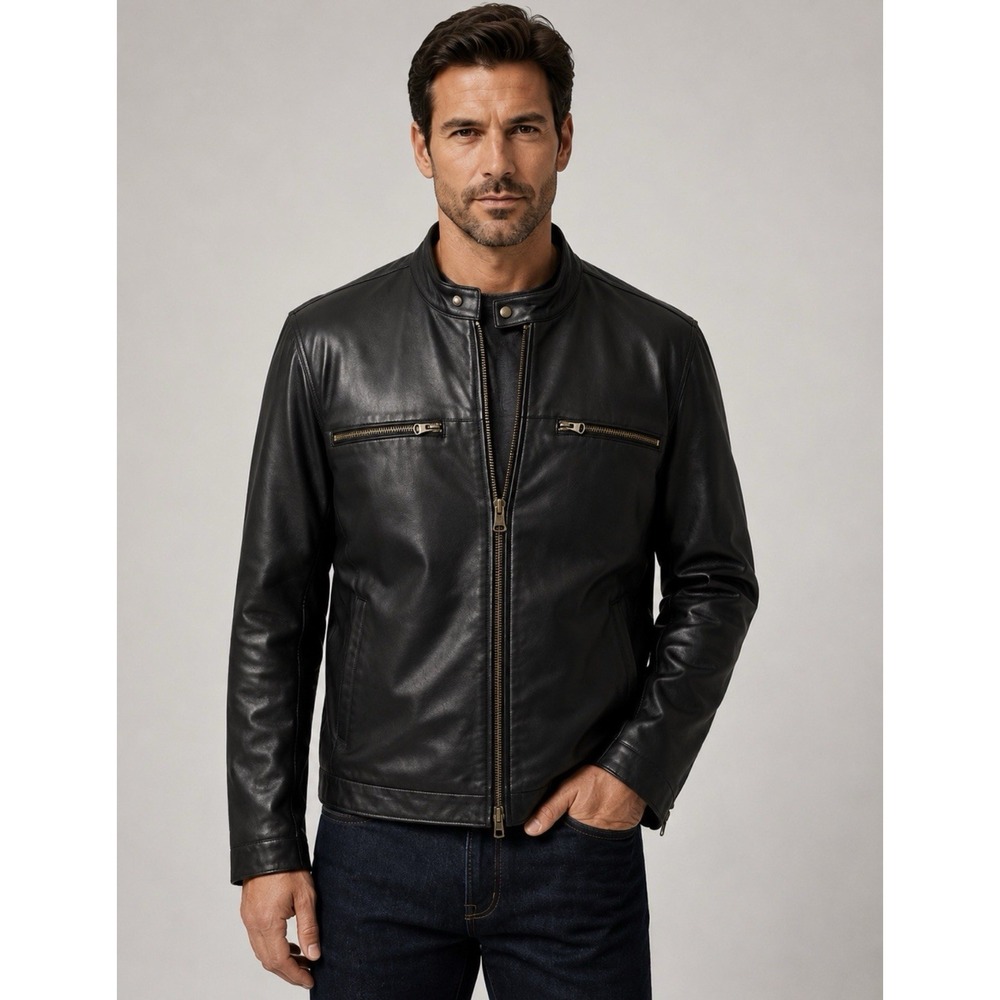 NEW! Cole Haan 100% Leather Moto Jacket Full Zip Black SZ XL